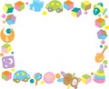 Frame from various children`s toys on a white background. Place for your text. Kindergarten.